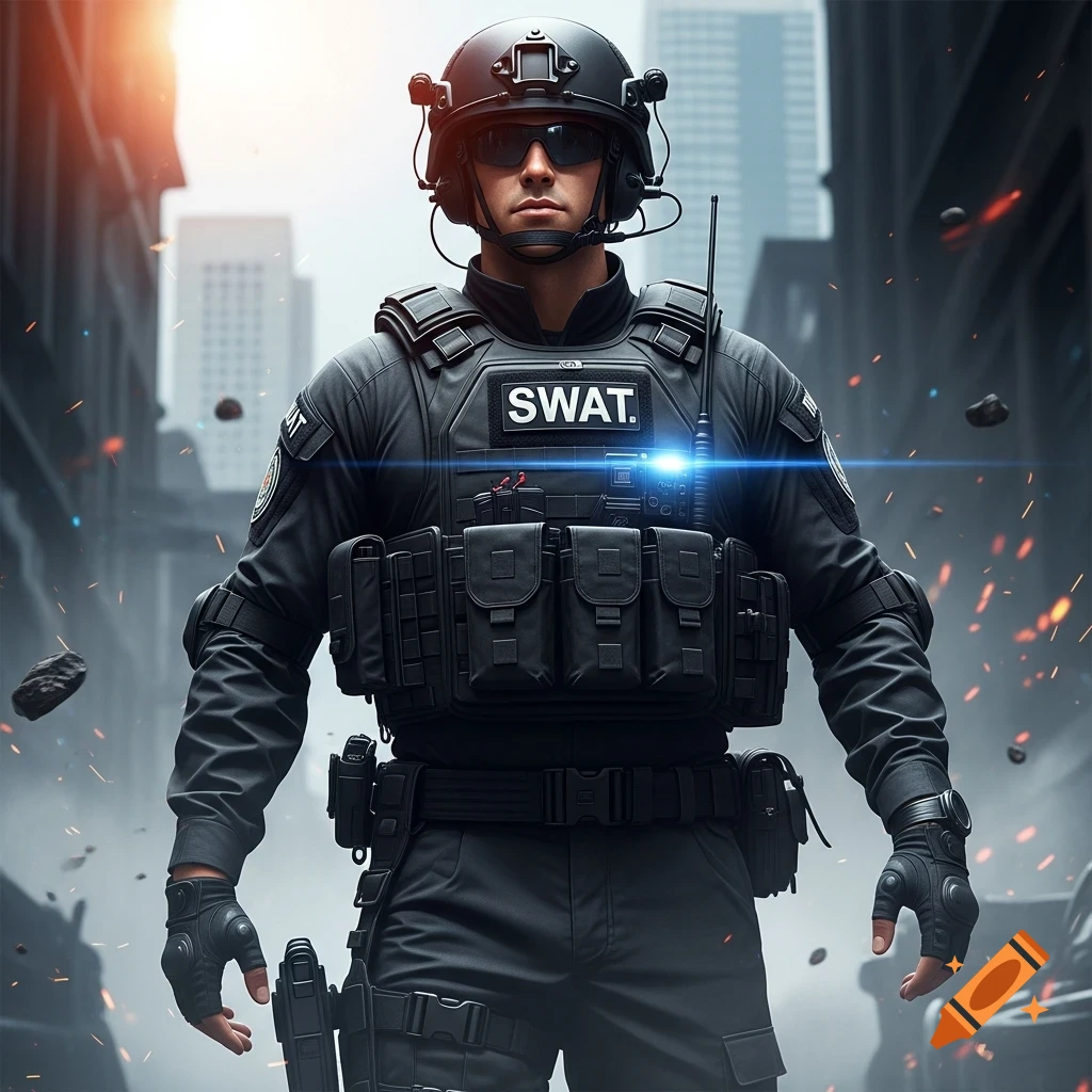 Photorealistic SWAT officer in tactical gear stands in a debris-filled urban setting with bright light.