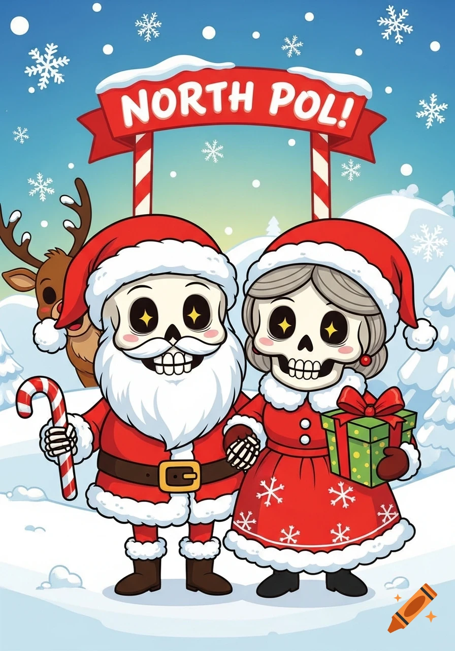 Cartoon skeleton Santa holding a candy cane and skeleton Mrs. Claus with a present stand in the snowy North Pole, with a reindeer in the background.