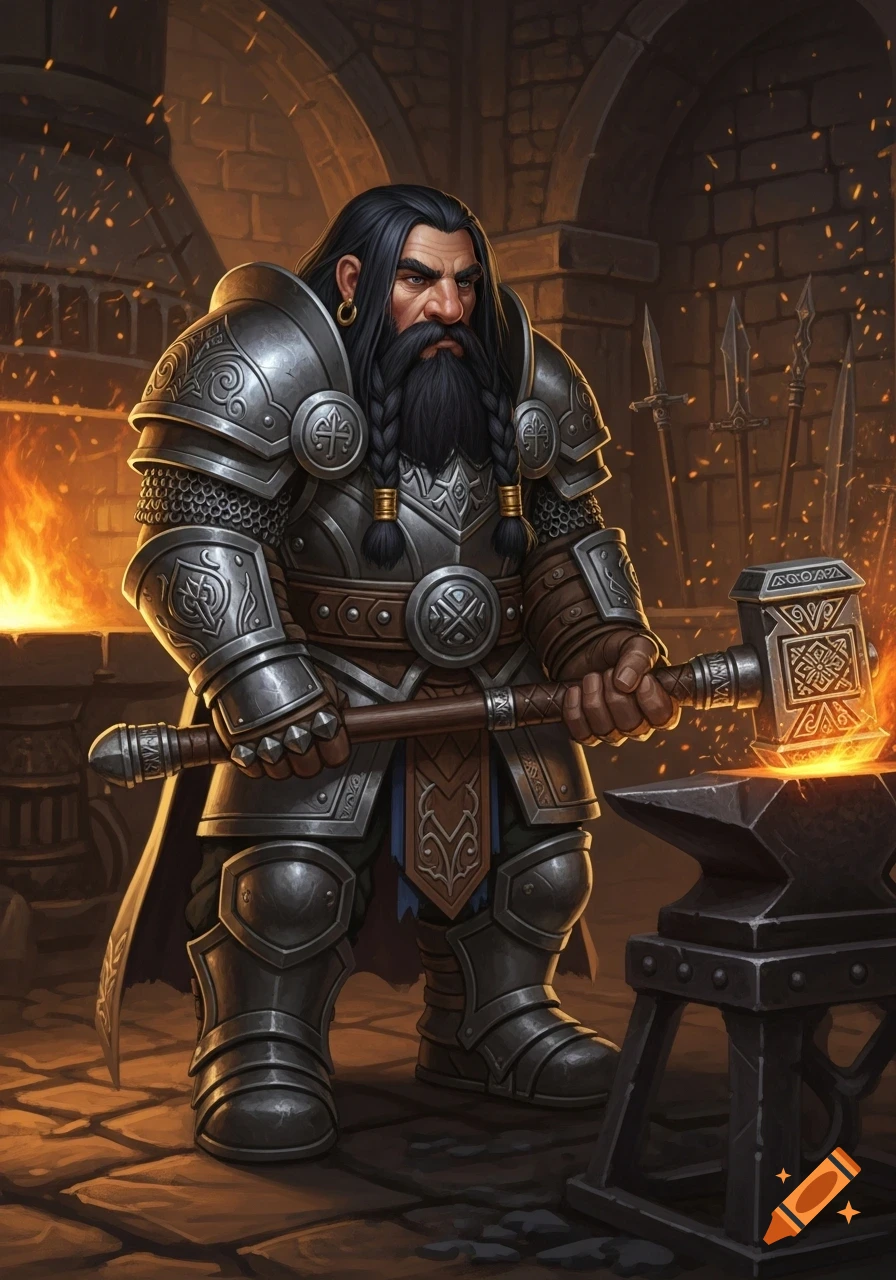 A heavily armored dwarf with a long, braided black beard holds a glowing hammer over an anvil in a fiery forge.