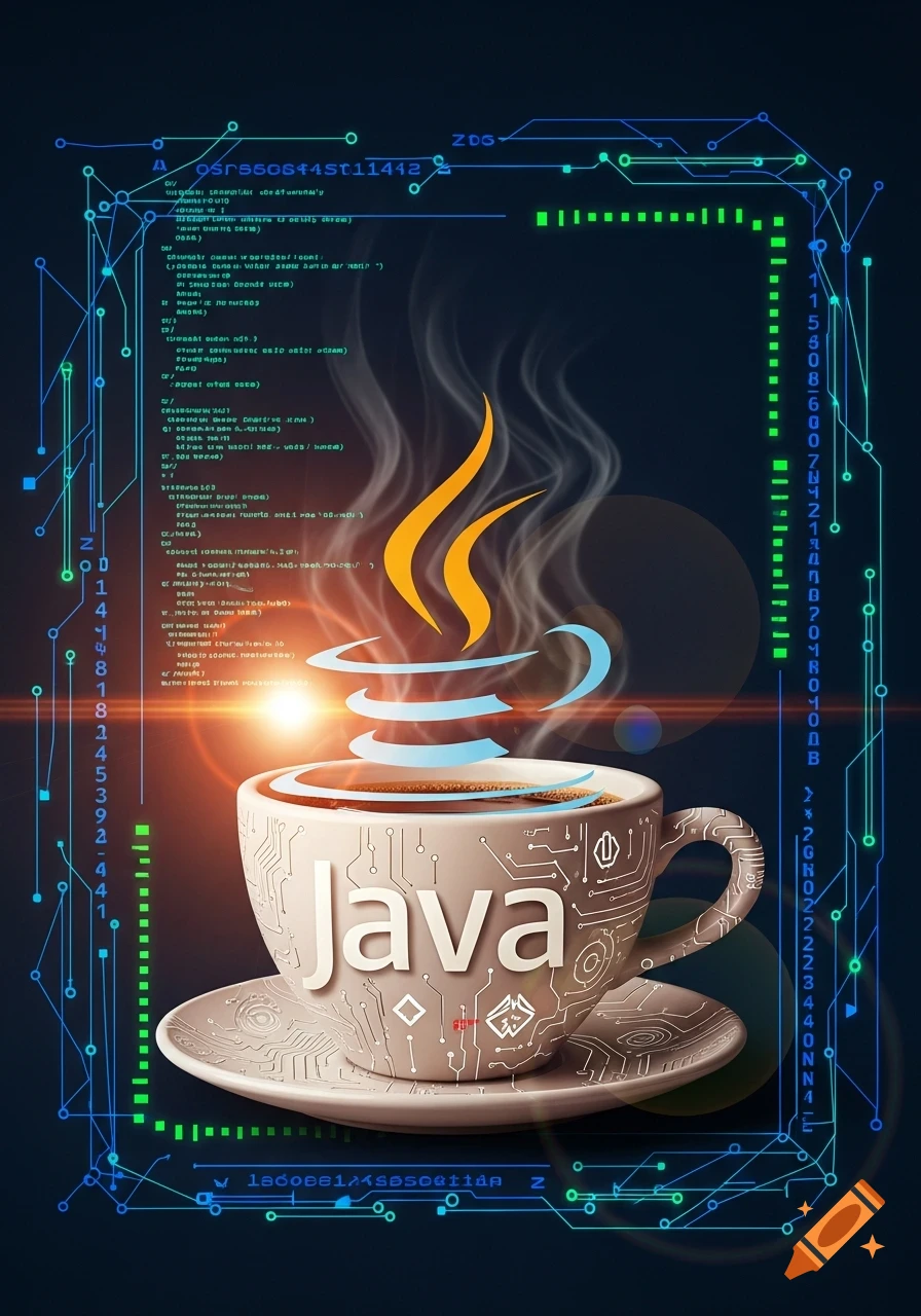 A coffee cup with 'Java' on it, surrounded by circuit board lines, binary code, and glowing light on a dark background.