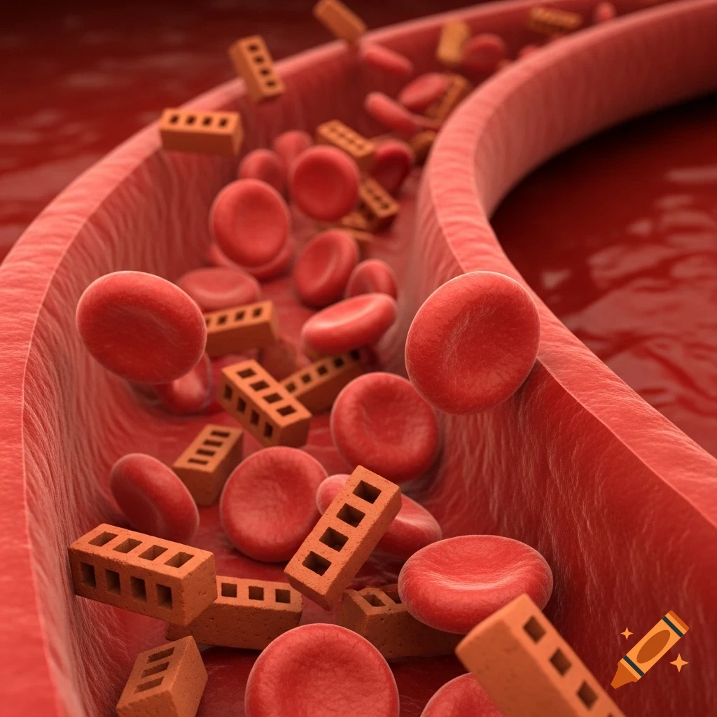 A detailed 3D medical illustration shows red blood cells and brick-shaped objects flowing within a red blood vessel.