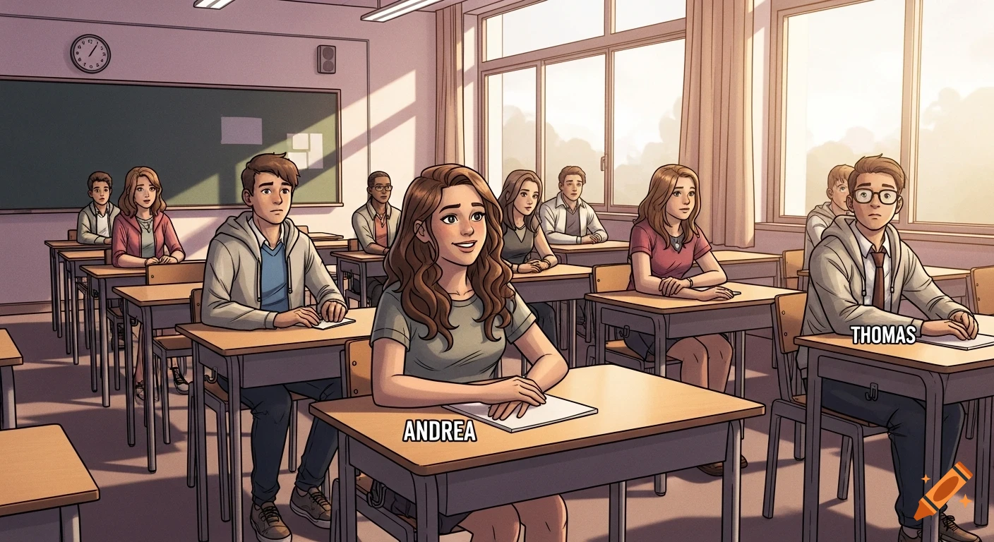 A comic art illustration shows a classroom with students. A smiling girl (Andrea) is in the foreground, and a boy (Thomas) with glasses is behind her.