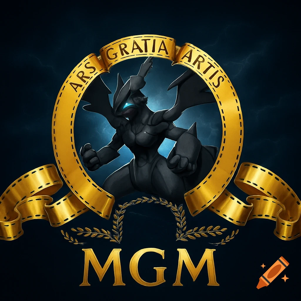 Zekrom, a black dragon-like Pokemon, in a golden film reel frame with 'ARS GRATIA ARTIS' and 'MGM', on a stormy blue background.