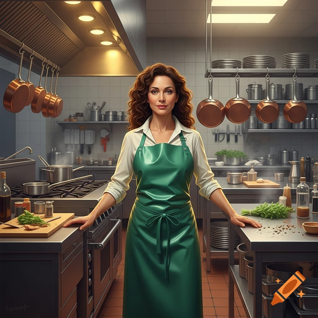 A woman with curly brown hair, wearing a green apron, stands confidently in a photorealistic professional kitchen.
