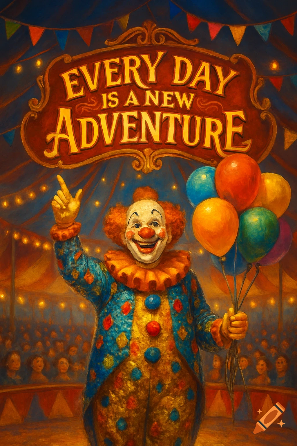 A colorful clown holding balloons points at a sign that says 'EVERY DAY IS A NEW ADVENTURE' under a circus tent, in a vibrant painterly style.