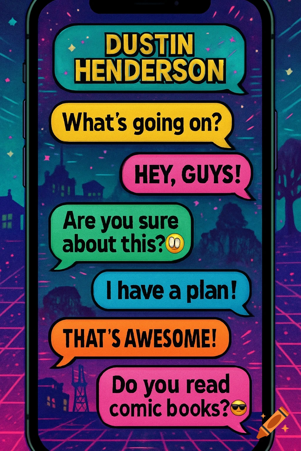 A smartphone screen displaying colorful text messages from Dustin Henderson, set against a vibrant retro 80s synthwave background.