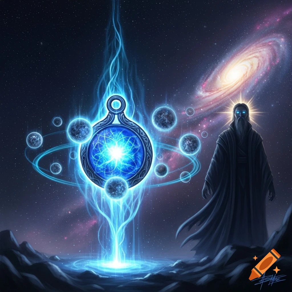 A robed figure with glowing eyes stands next to a luminous blue amulet surrounded by orbiting orbs in a cosmic landscape with a galaxy.