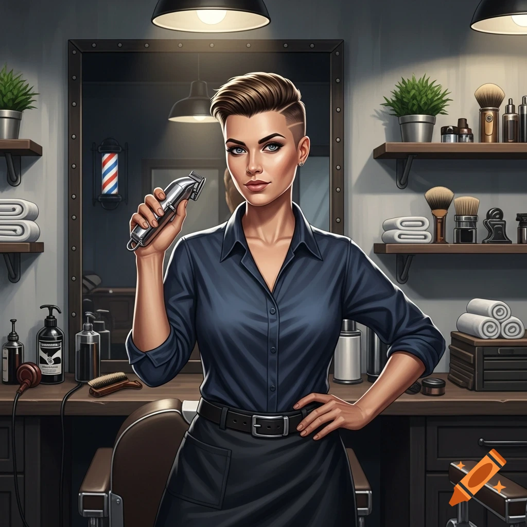 A female barber with a shaved side part hairstyle holds electric clippers in a vintage-style barber shop.