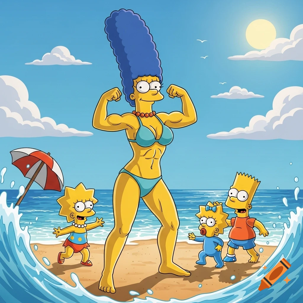 Muscular Marge Simpson in a bikini flexes her arms on a sunny beach, while Bart, Lisa, and Maggie play in the water.