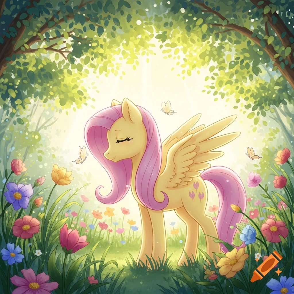 Fluttershy, a yellow pegasus pony with pink mane, stands peacefully with closed eyes in a sunlit, whimsical forest meadow among colorful flowers and butterflies.