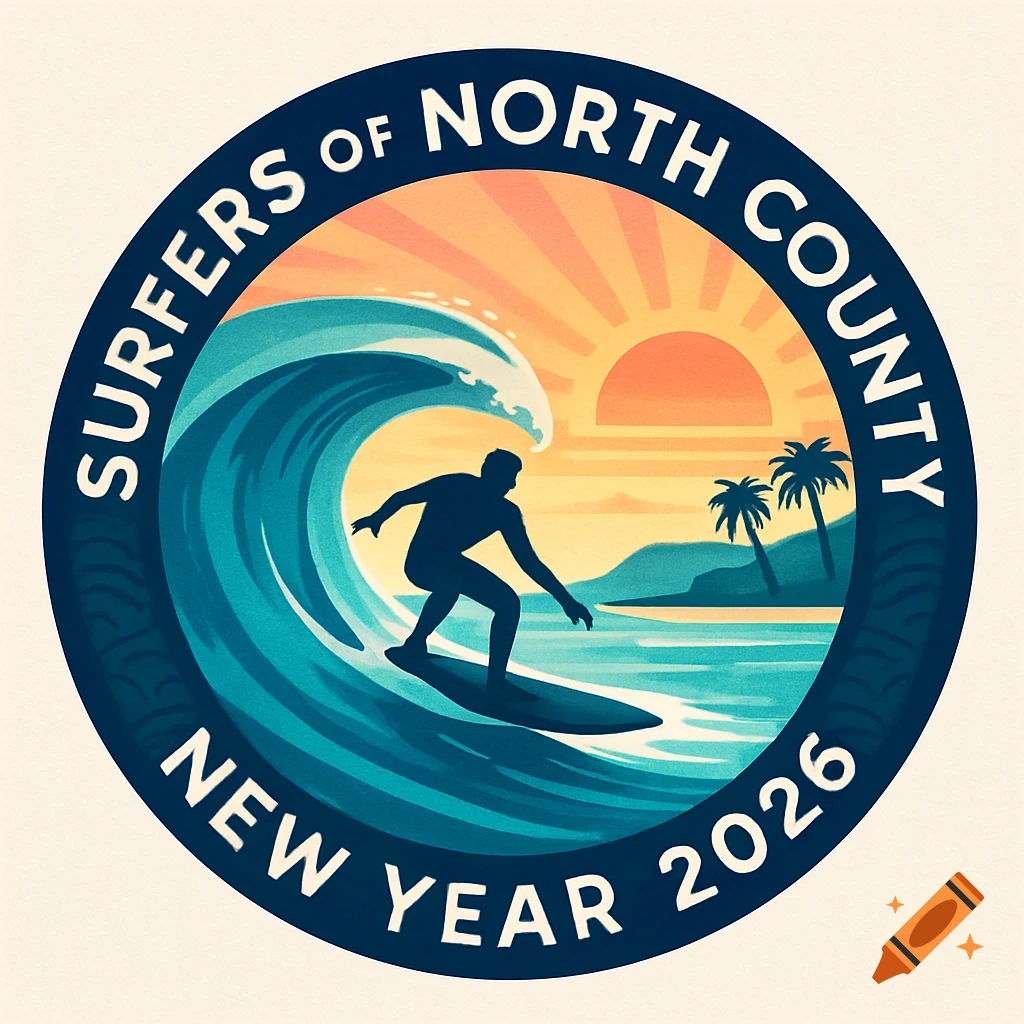 A circular logo featuring a silhouetted surfer on a wave with a sunset, palm trees, and text 'SURFERS OF NORTH COUNTY NEW YEAR 2026'.