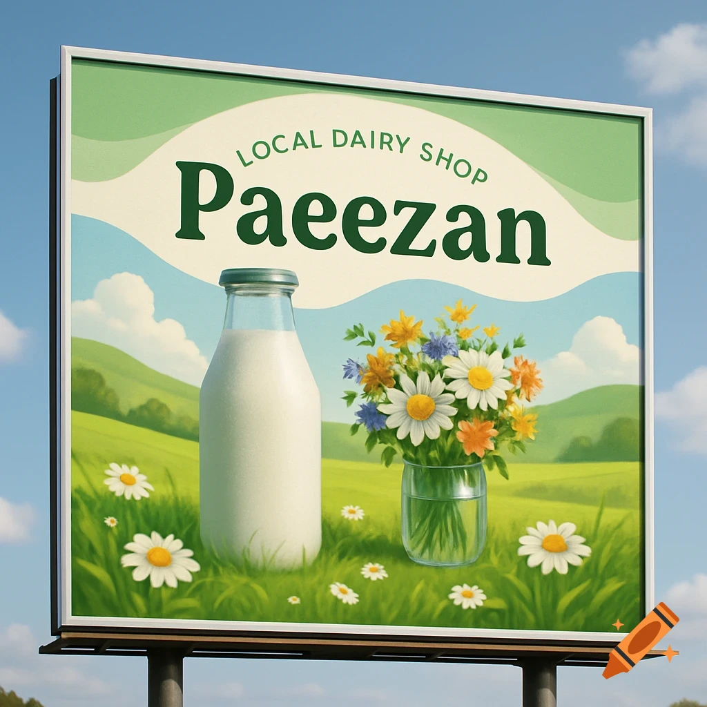 A billboard for 'Paeezan Local Dairy Shop' featuring a milk bottle, wildflowers, and a green landscape under a blue sky.