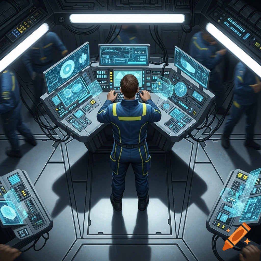 Top-down view of a crewman operating controls in a futuristic spaceship control room.
