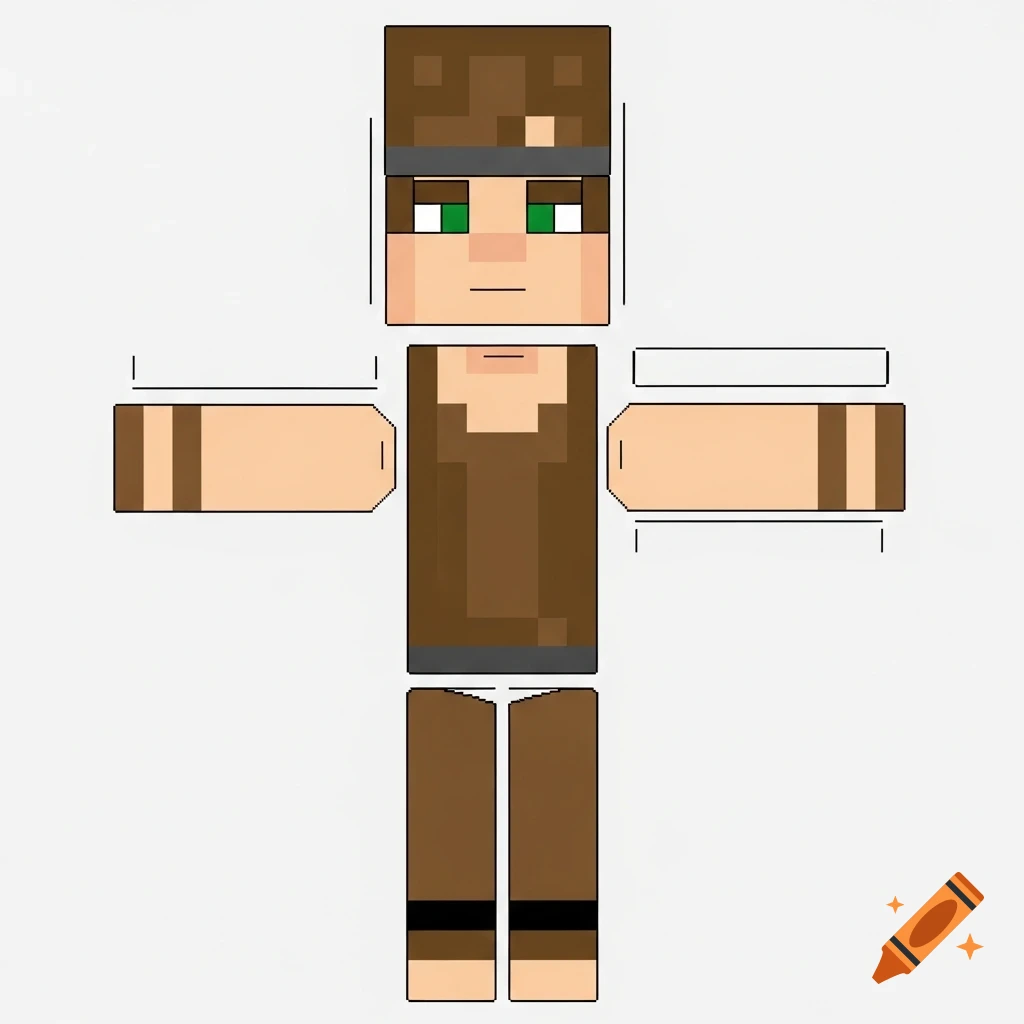 A 2D pixel art layout of a Minecraft character skin, showing an unfolded texture map for a figure with green eyes and brown clothing.