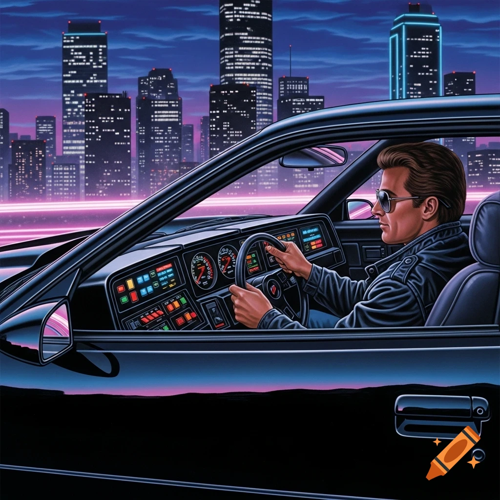 Man in sunglasses and leather jacket driving a black 80s style car with a detailed, illuminated dashboard, against a neon city skyline at night.