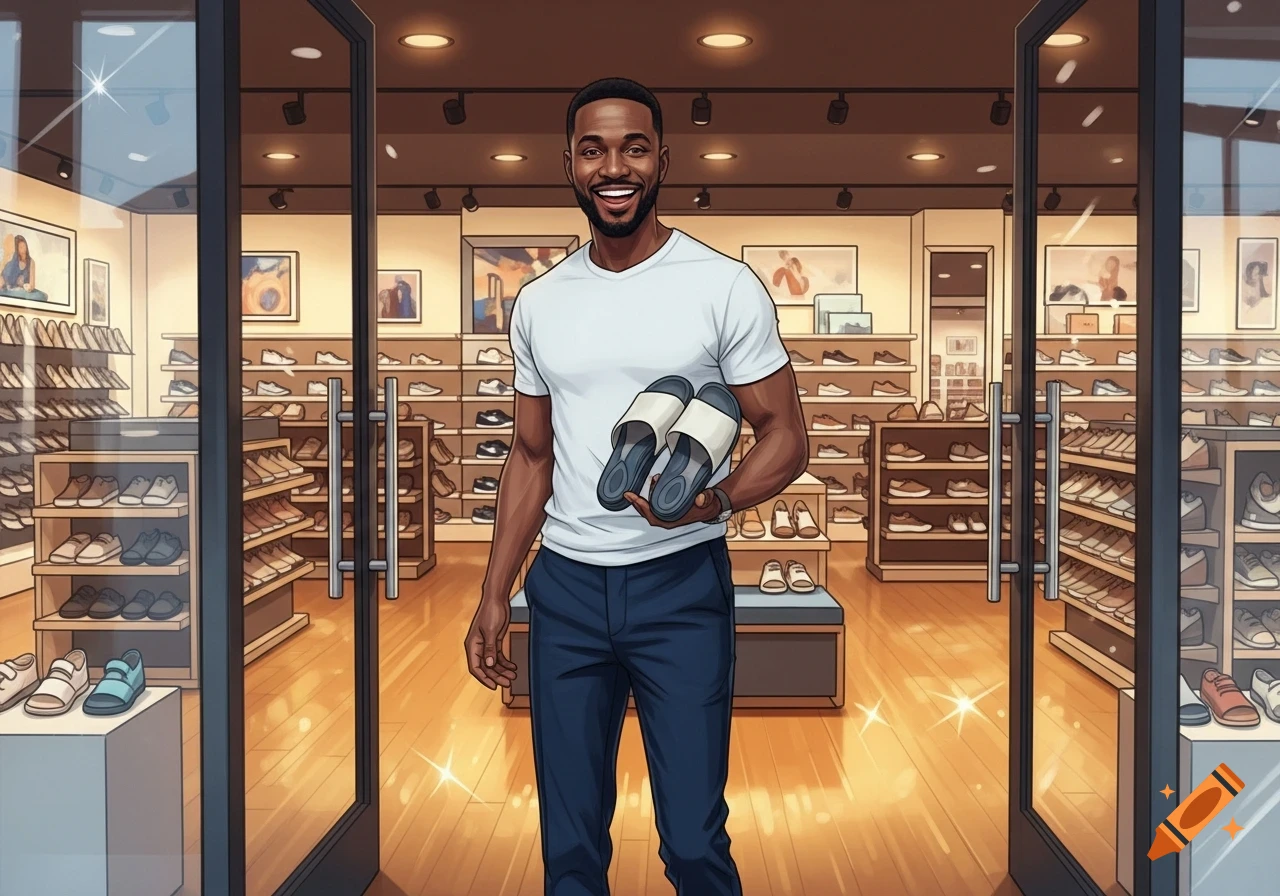 A smiling African American man holding a pair of slide sandals in a brightly lit shoe store.