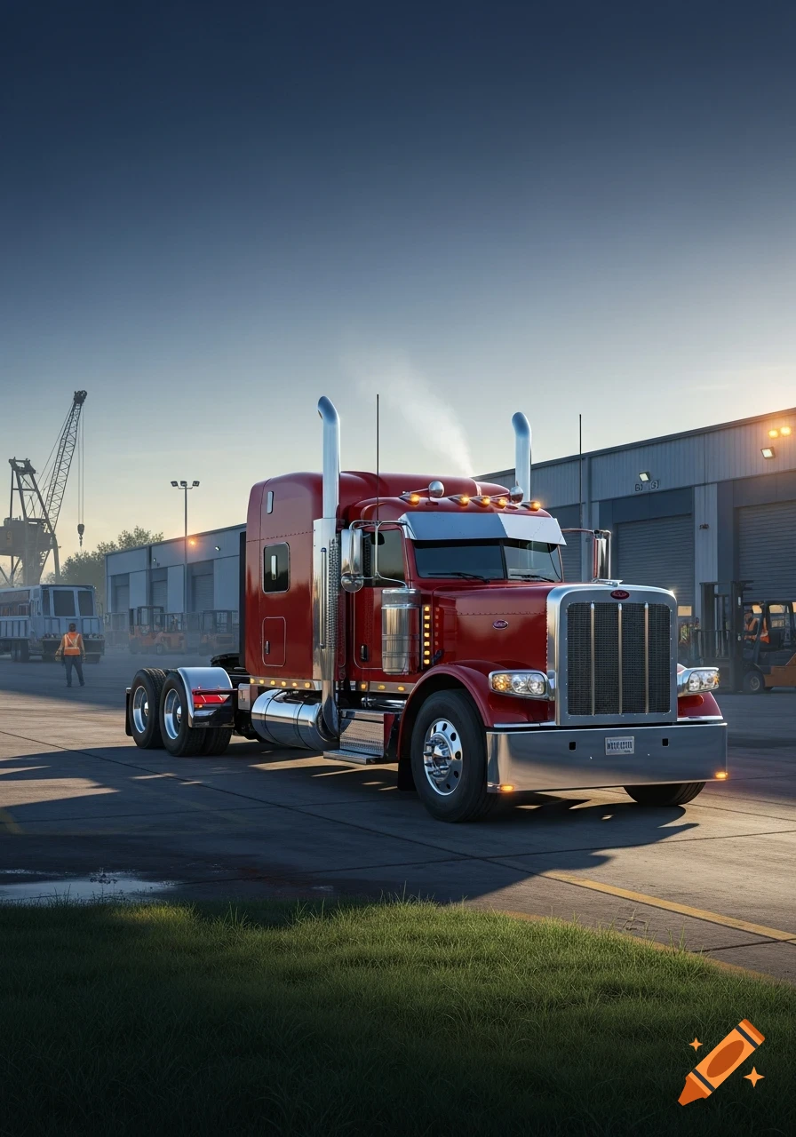 A photorealistic red Peterbilt semi-truck with chrome details, parked in an industrial depot under a clear sky.