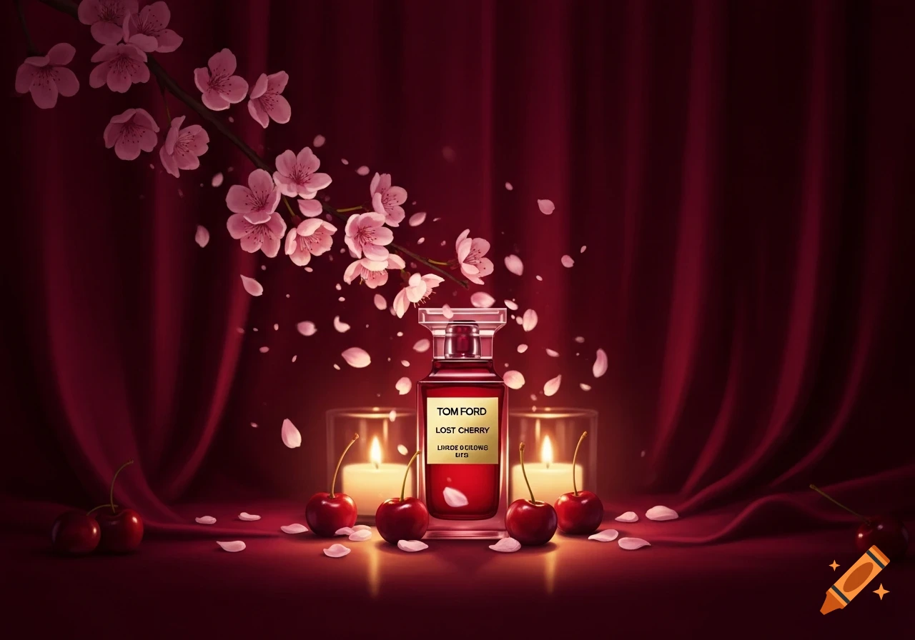 A red perfume bottle with 'Tom Ford Lost Cherry' label, surrounded by cherries, candles, and pink cherry blossoms on a red draped background.