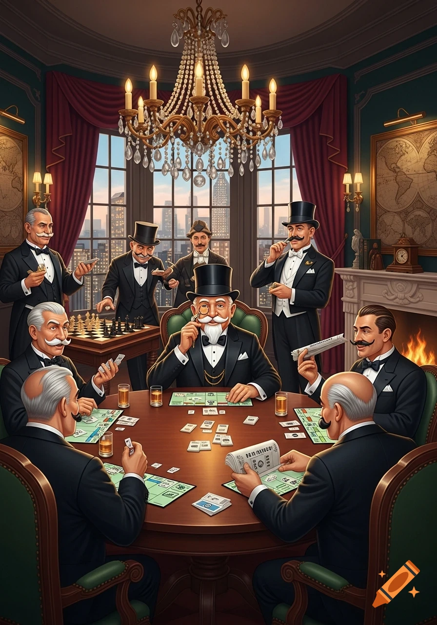 Formally dressed gentlemen with moustaches play a board game and chess in a luxurious room with a city skyline view.