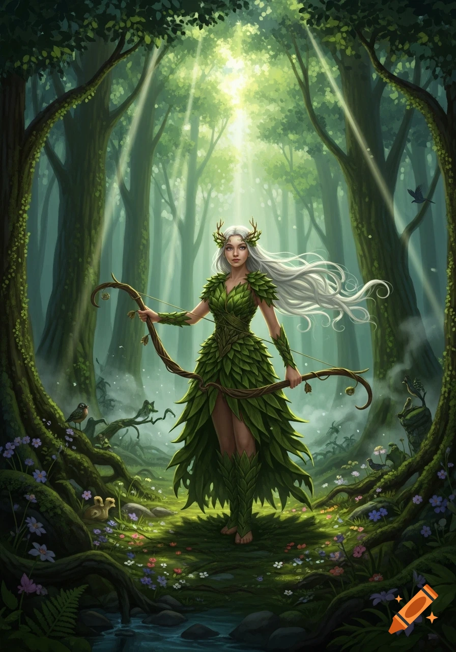 A white-haired nature goddess in a leaf dress holds a bow, standing in a magical forest with sun rays filtering through the canopy.