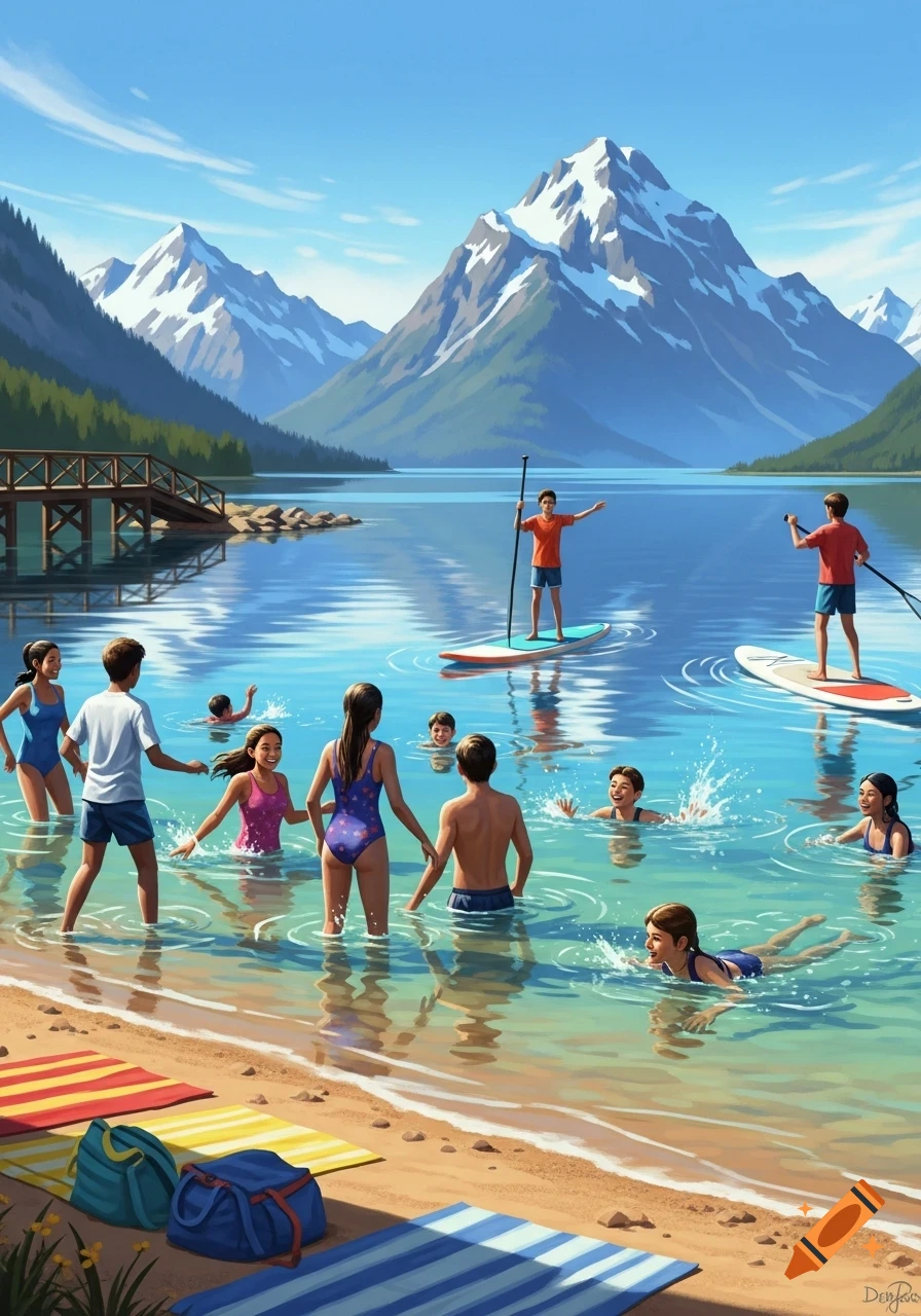 Children and teens swim and paddleboard in a clear mountain lake with snow-capped peaks and a wooden bridge in the background.