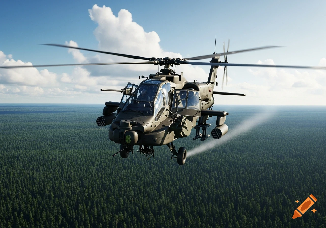 Photorealistic image of a military attack helicopter with open doors and mounted weapons flying over a dense green forest under a blue sky.
