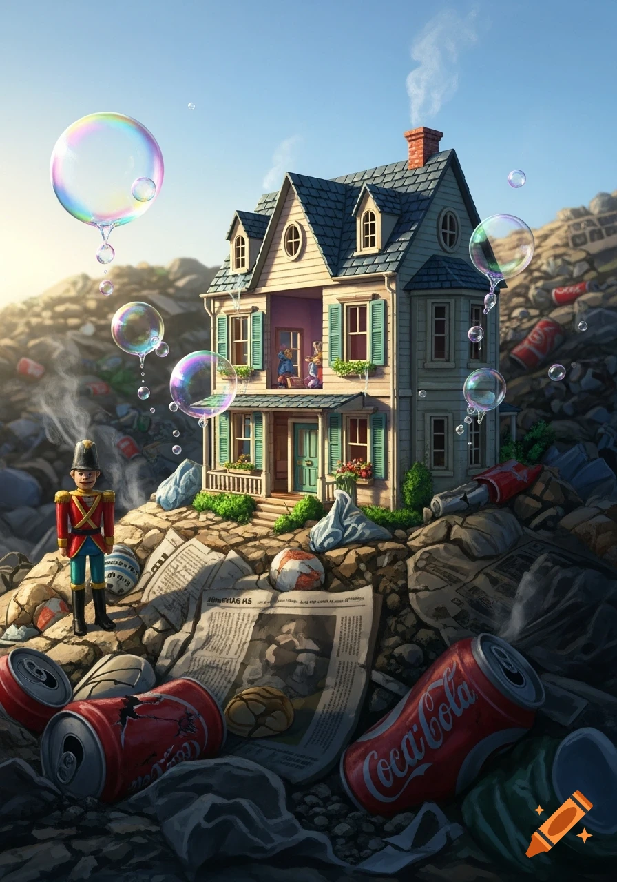 A whimsical dollhouse sits atop a pile of garbage, accompanied by a toy soldier, scattered soda cans, and floating bubbles under a bright sky.