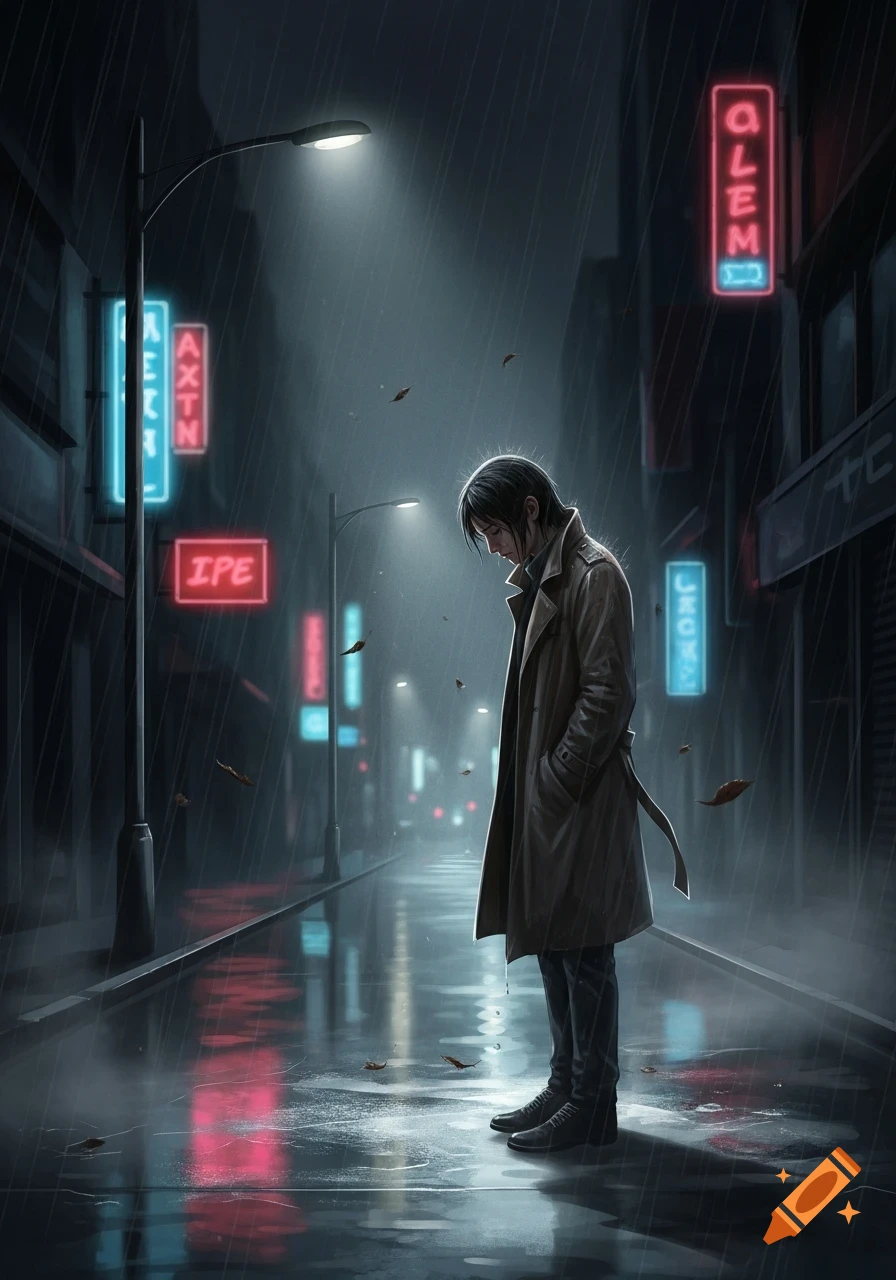 A person in a trench coat stands alone on a rainy city street at night, head bowed, illuminated by neon signs and a streetlamp.