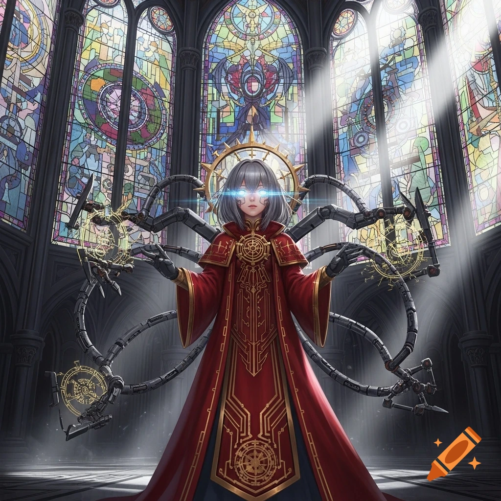 An anime tech priest with glowing eyes and mechanical arms stands in a grand gothic cathedral with vibrant stained glass windows.