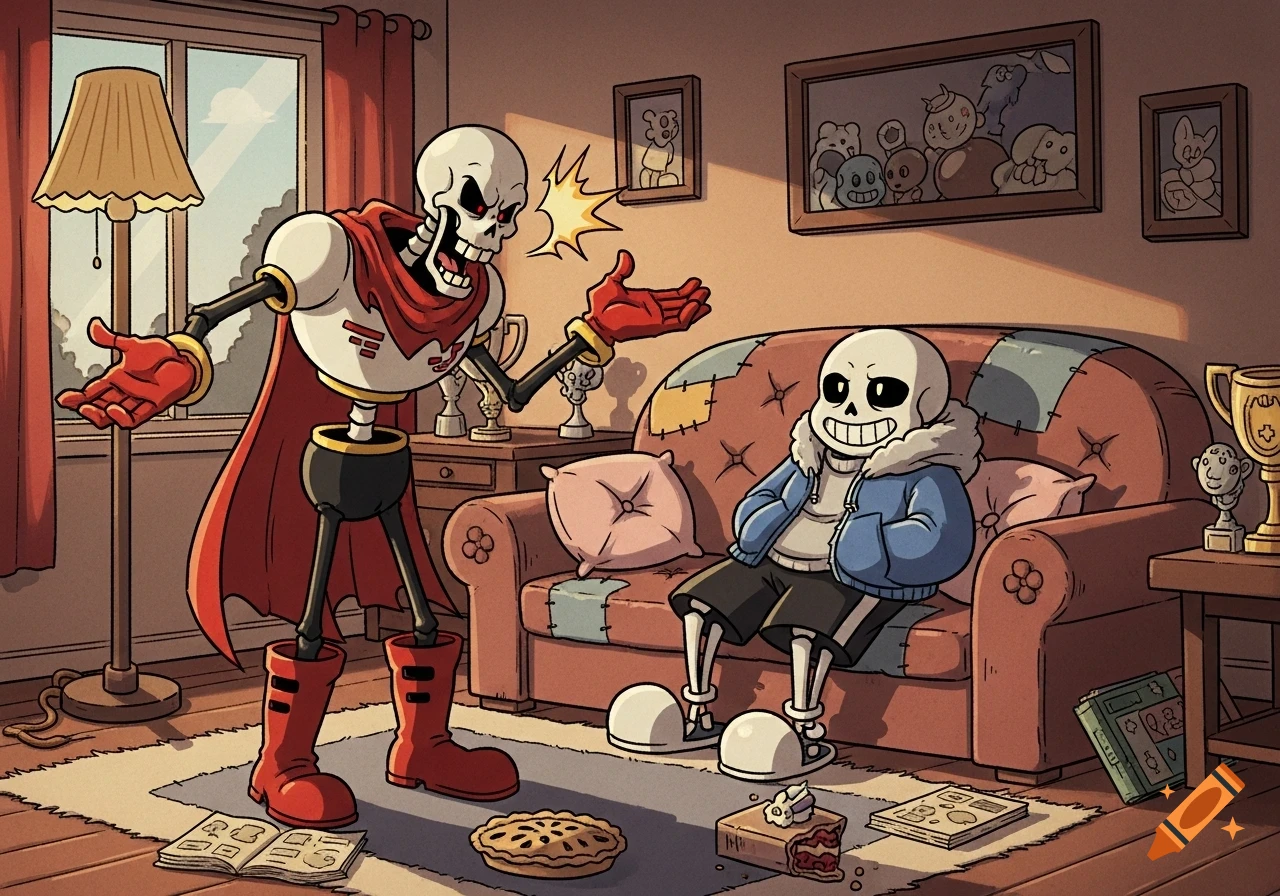 Papyrus yells at a relaxed Sans on a couch in a cozy, cartoon-style living room, with a pie and cake on the floor.