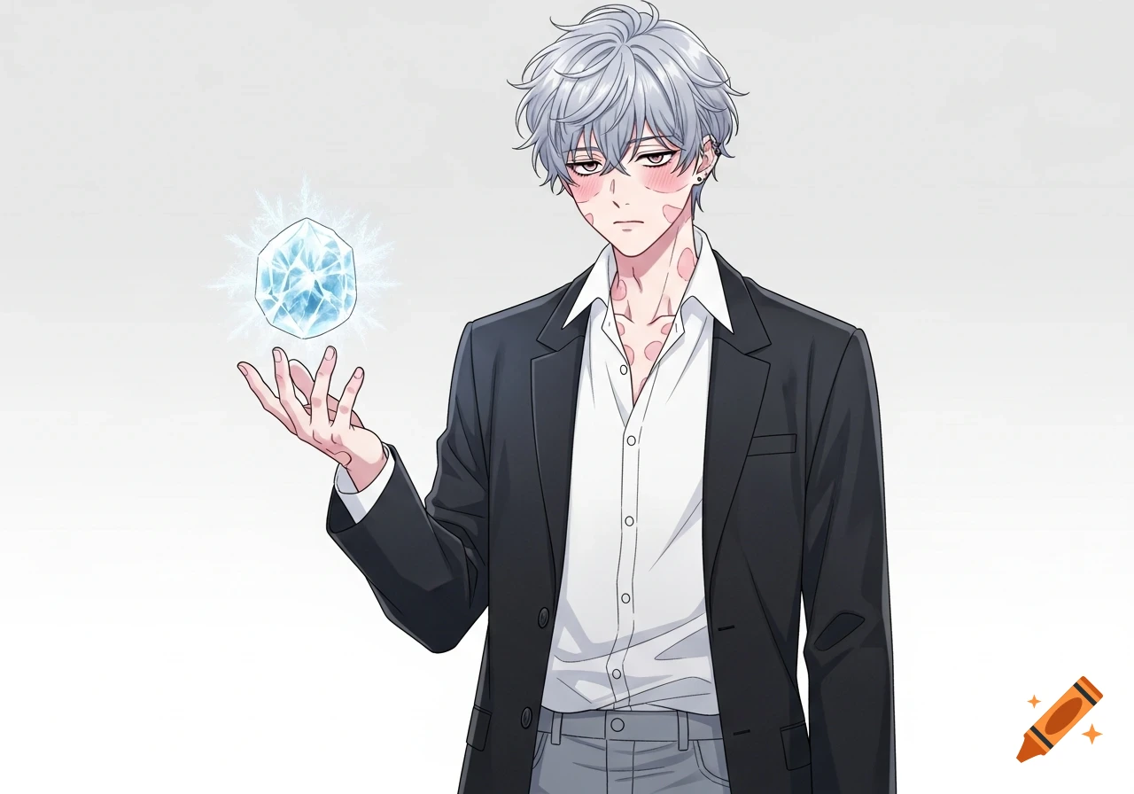 An anime-style male character with silver hair and pink skin patches, wearing a suit, holds a glowing ice orb in his hand.