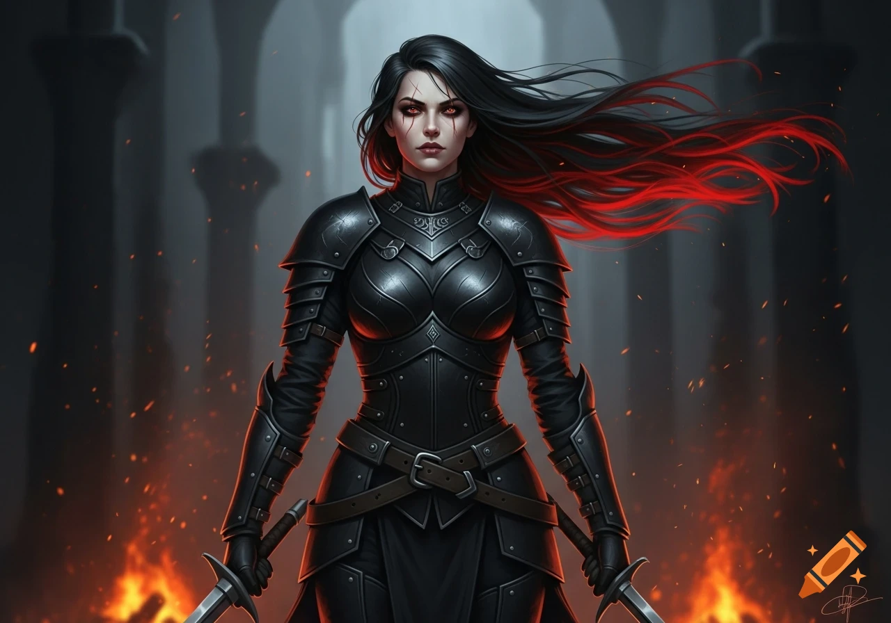 A dark fantasy illustration of a female warrior in black armor holding ...