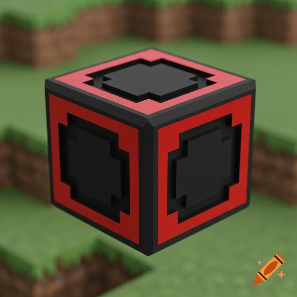 A black and red pixelated command block floats above a blocky green and brown Minecraft landscape.