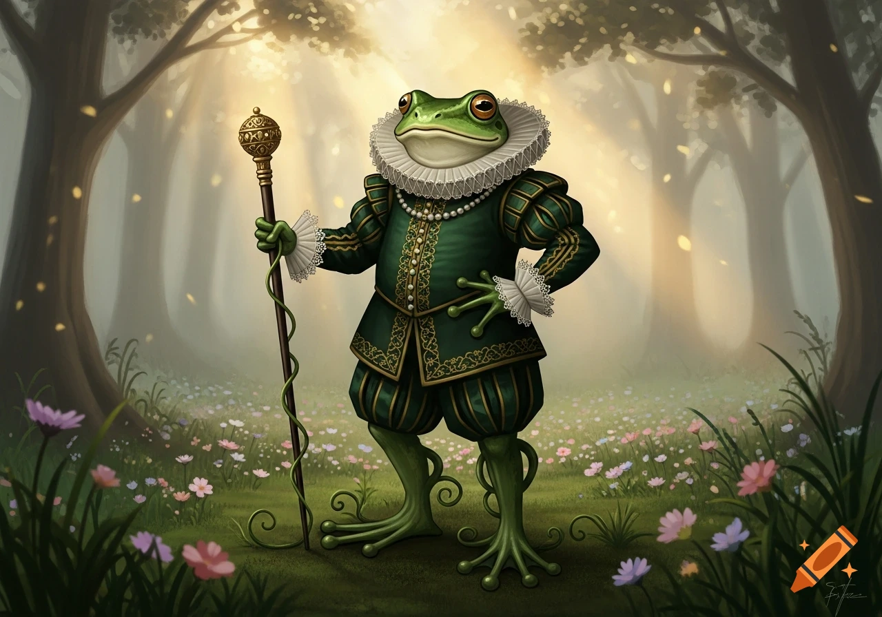 An anthropomorphic frog in green Elizabethan attire with a white ruff and a staff stands in a sunlit fantasy forest among wildflowers.
