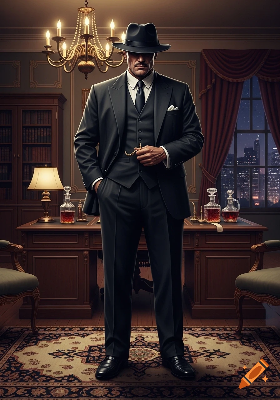 A man in a dark suit and fedora stands in a luxurious office with a city view at night, holding a pocket watch chain.