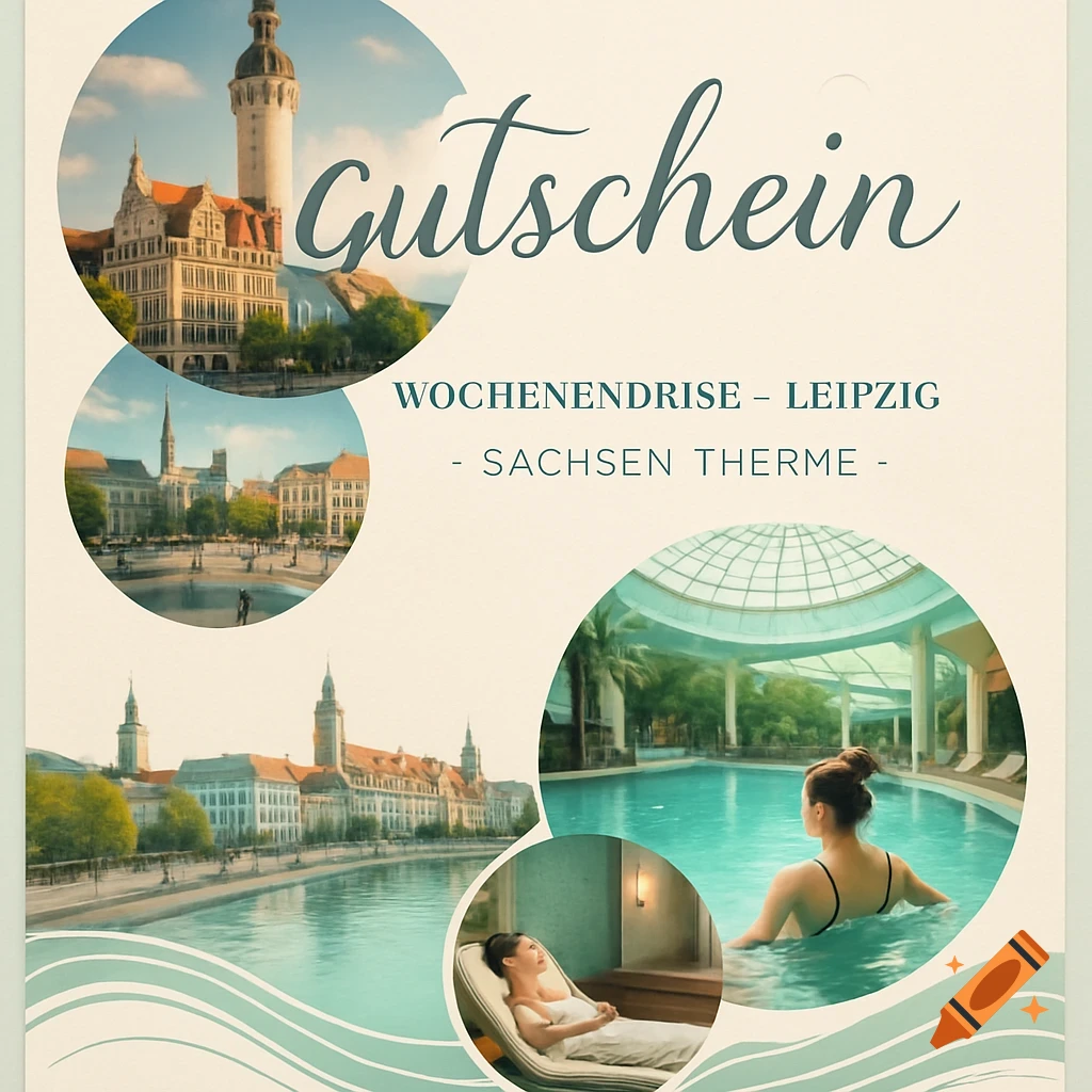Promotional voucher for a Leipzig and Sachsen Therme weekend trip, with circular images of cityscapes and spa scenes.