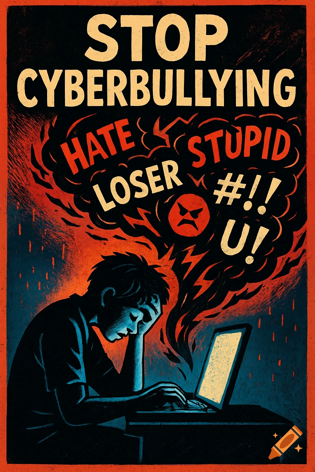Comic style poster depicting a person distressed at a laptop, surrounded by negative words, with 'STOP CYBERBULLYING' at the top.