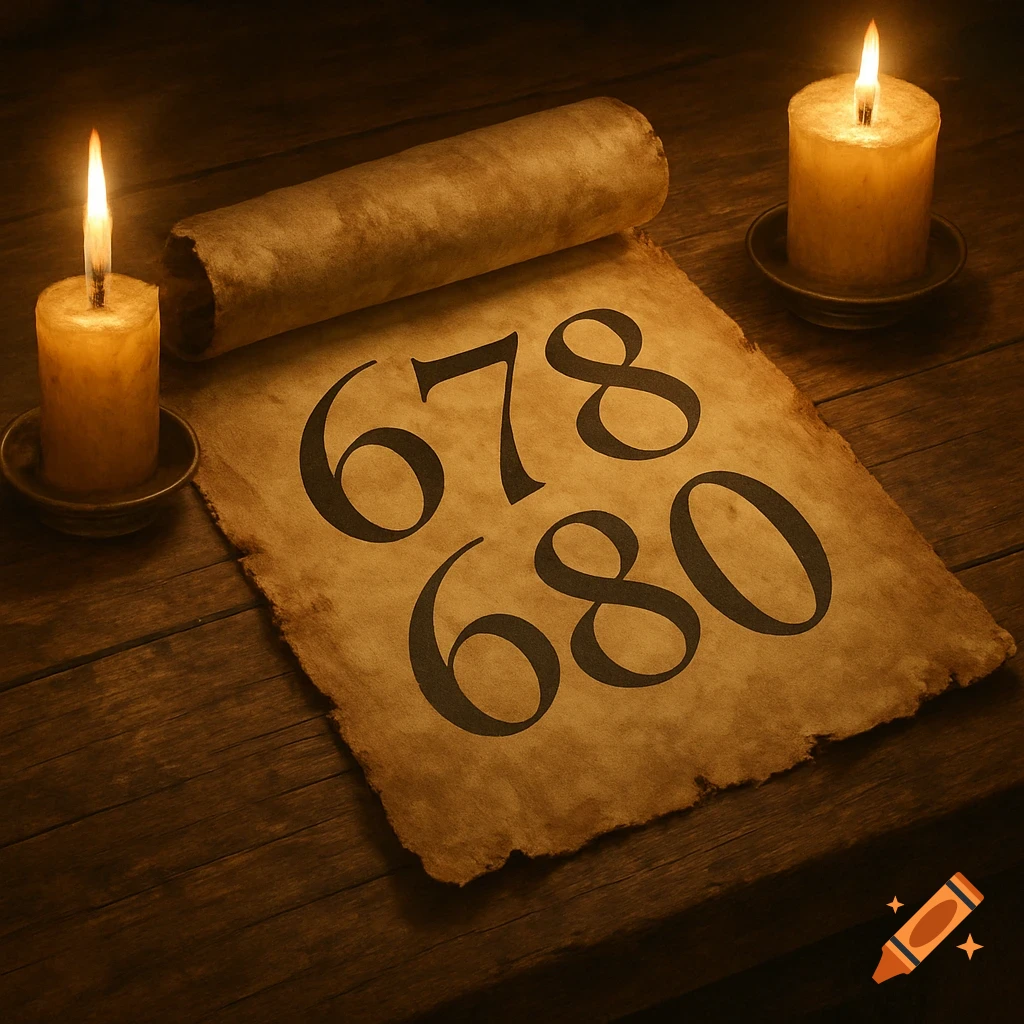 An old, tattered scroll with the numbers 678 and 680, illuminated by two lit candles on a dark wooden table.