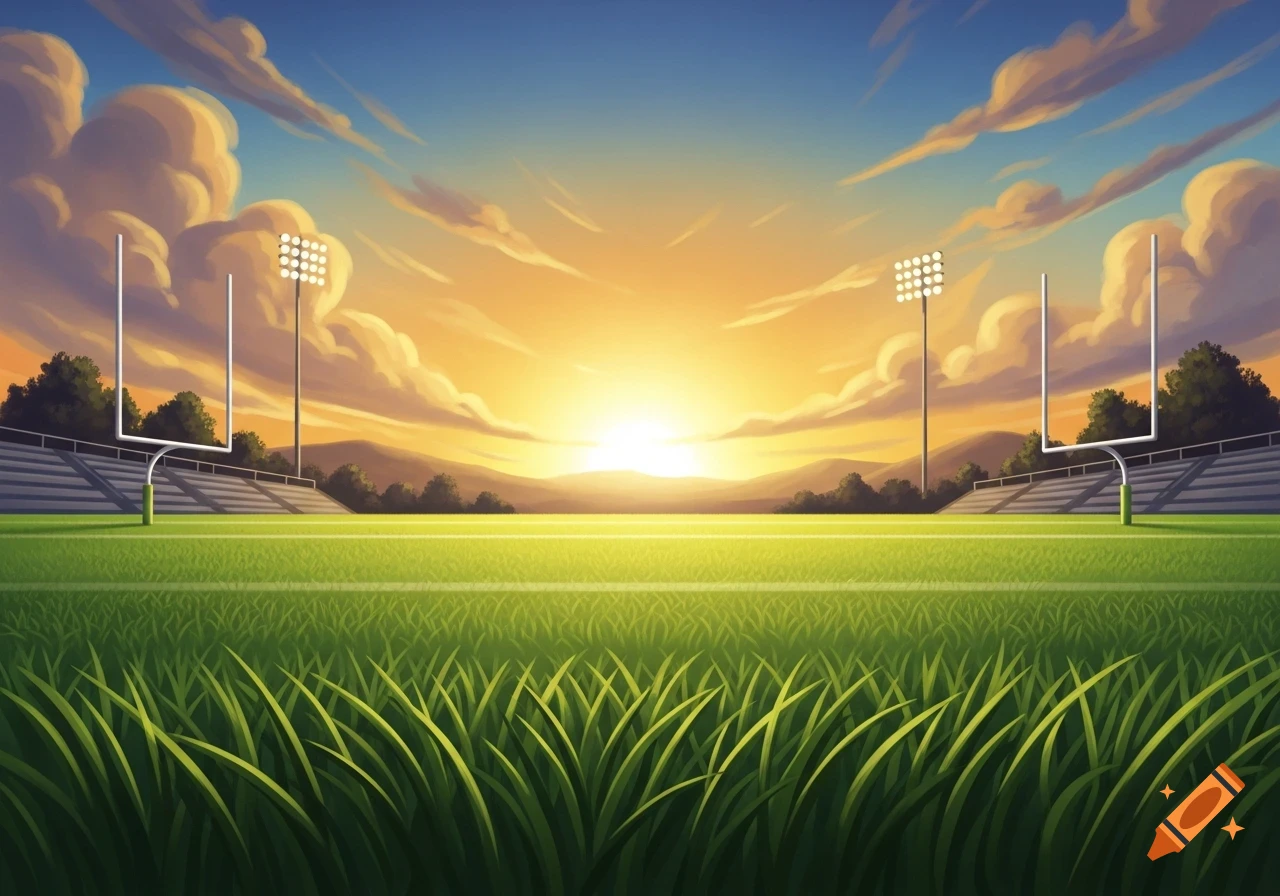 A vibrant, stylized illustration of an empty American football field at sunset with stadium lights, goalposts, and mountains in the background.