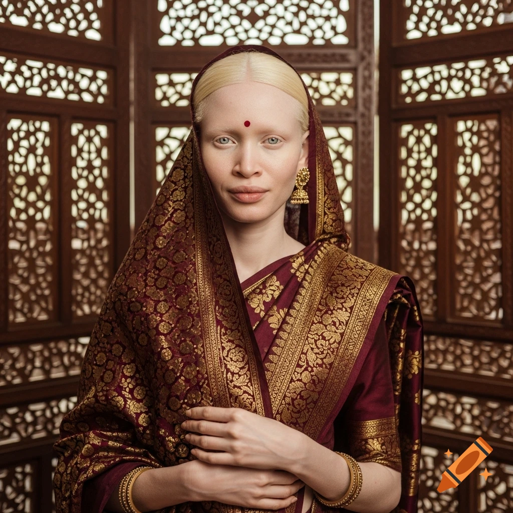 Photorealistic portrait of an albino Indian woman in a rich red and gold traditional sari, against a carved wooden screen.
