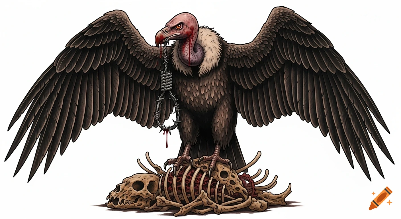 A stylized vulture with spread wings stands on a pile of animal bones, holding a barbed wire noose in its beak.