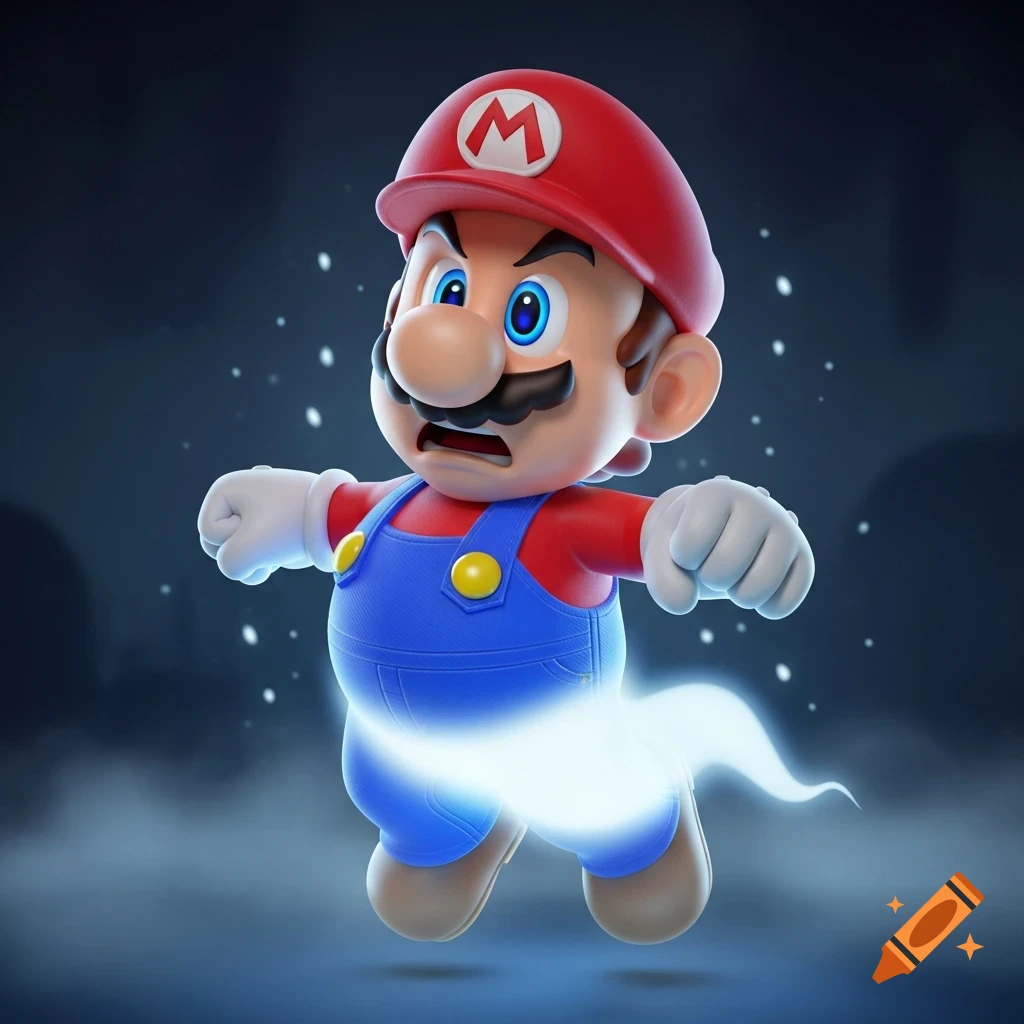 A 3D rendered Mario with an afraid expression and a glowing ghost-like tail, against a dark, foggy background.