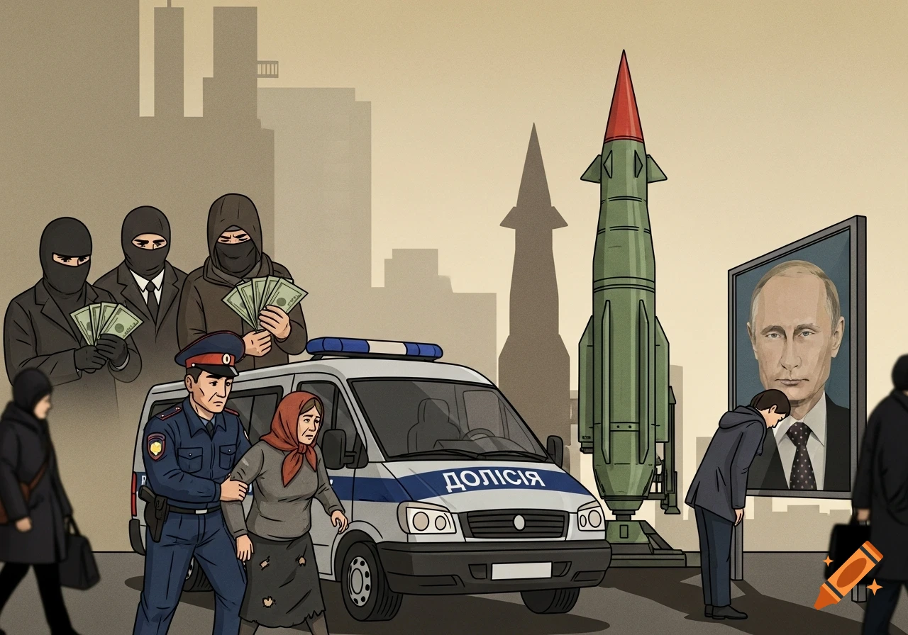 Cartoon illustration of an urban scene with political commentary: police, masked figures with money, a missile, and a person bowing to Putin's portrait.