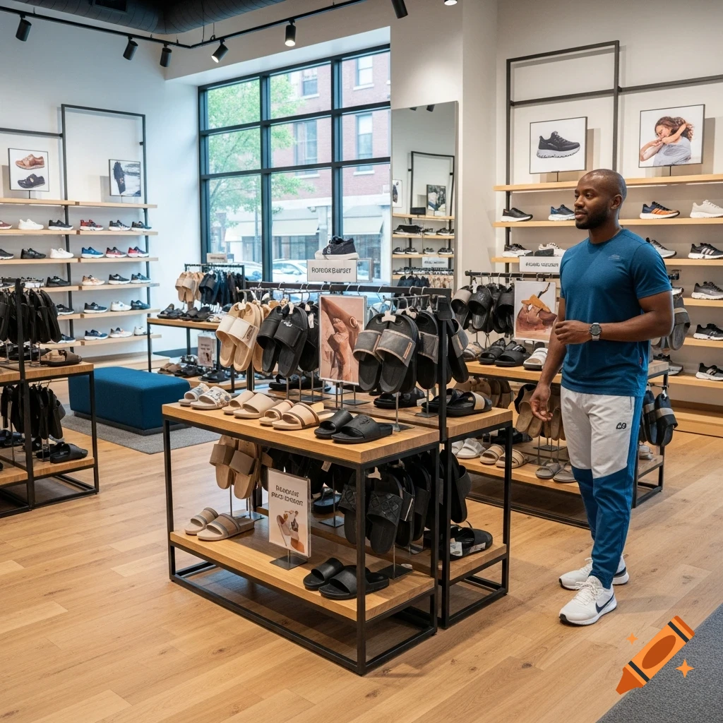 A photorealistic image of an African American man in a blue t-shirt and white athletic pants, browsing slide sandals in a modern shoe store.
