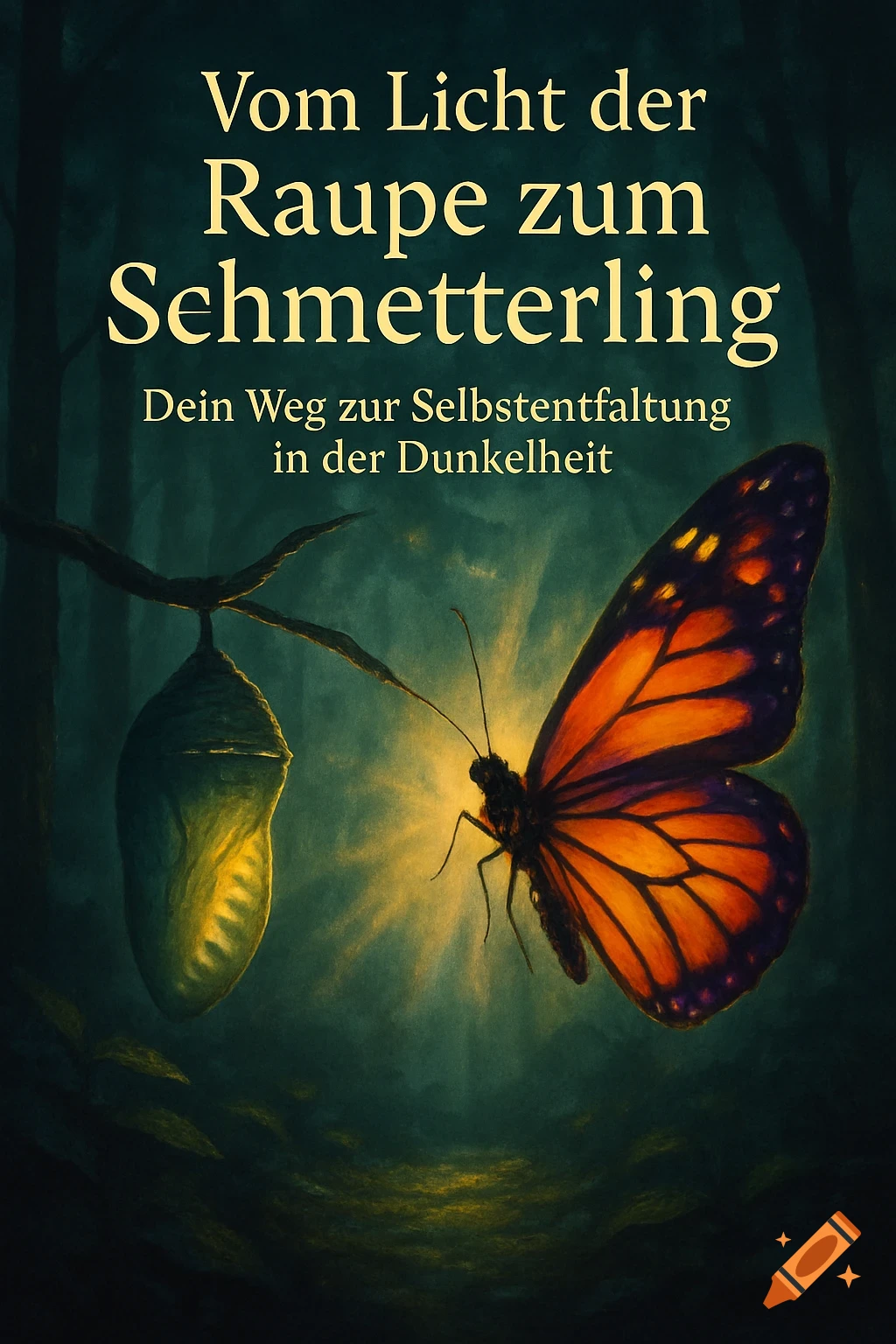 A stylized book cover features a chrysalis and a monarch butterfly glowing in a dark, mystical forest setting with text in German.