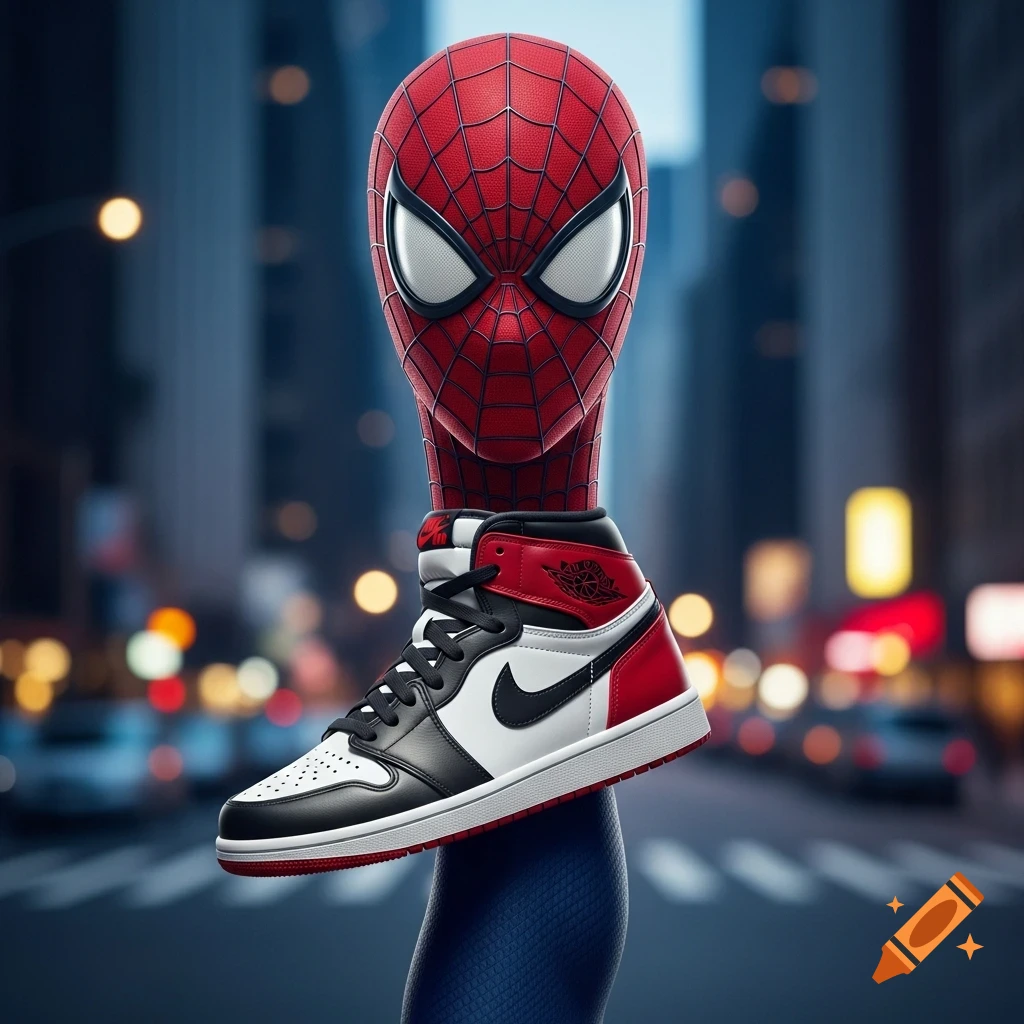 A photorealistic image of Spider-Man's head on a leg, wearing a red, white, and black Air Jordan sneaker, on a blurred city street background.