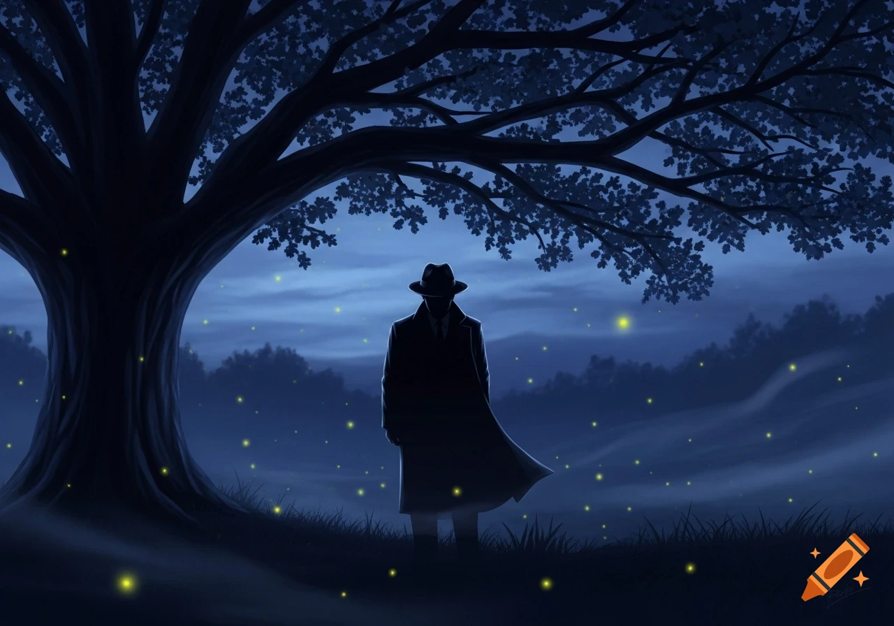 A man in a hat and coat stands silhouetted under a large tree at night, surrounded by glowing fireflies in a dark landscape.