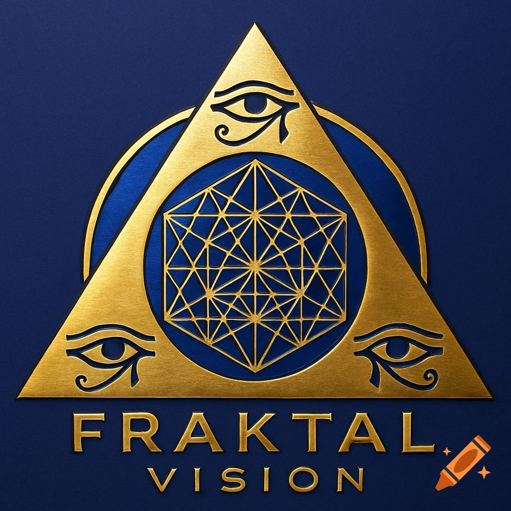 Metallic gold and royal blue logo featuring a triangle, sacred geometry, Eyes of Horus, and 'FRAKTAL VISION' text.
