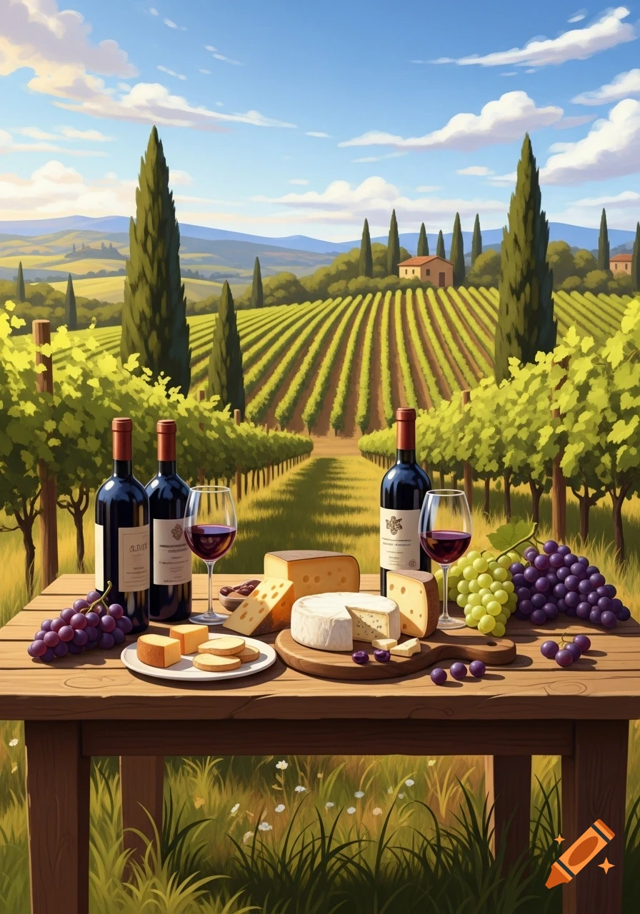 A vibrant illustration of a rustic wooden table laden with wine bottles, glasses, cheese, and grapes in an Italian vineyard setting under a blue sky.