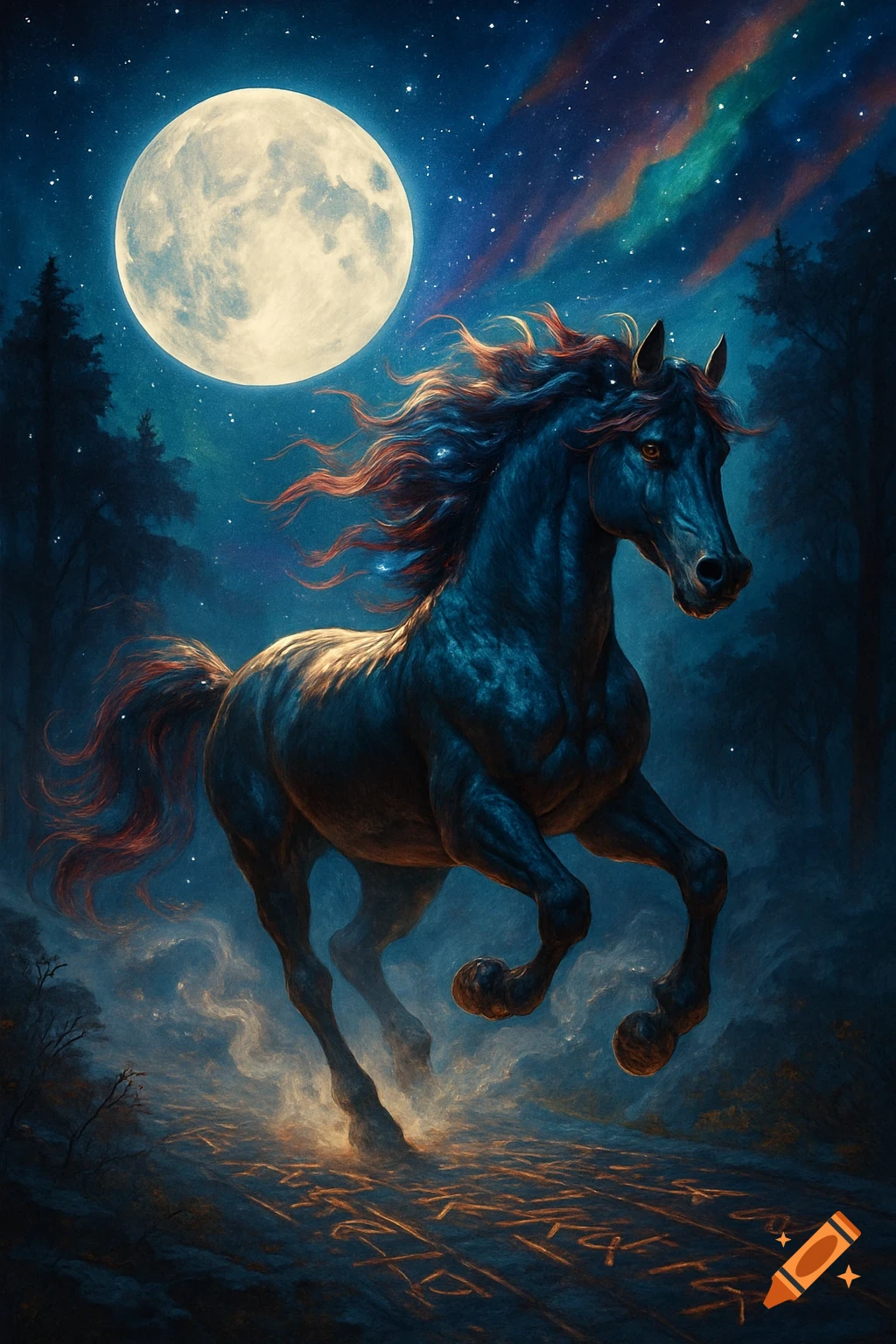 A powerful dark horse with a flowing red mane gallops under a full moon and starry night sky with aurora borealis.
